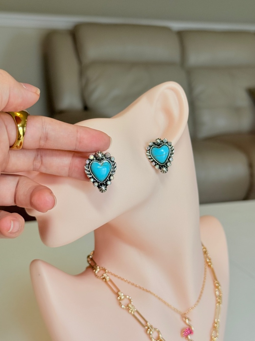 Turquoise Heart Stud Earrings - Picture 8 of 12